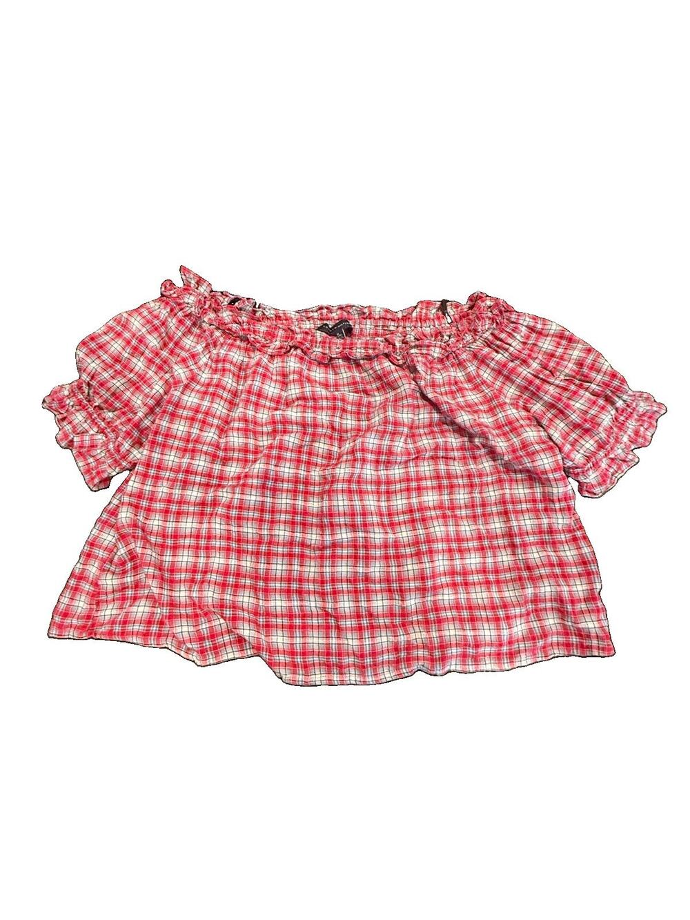 Tommy Hilfiger Womenโs XL Red Plaid Off Shoulder Peasant Blouse Cottagecore Top